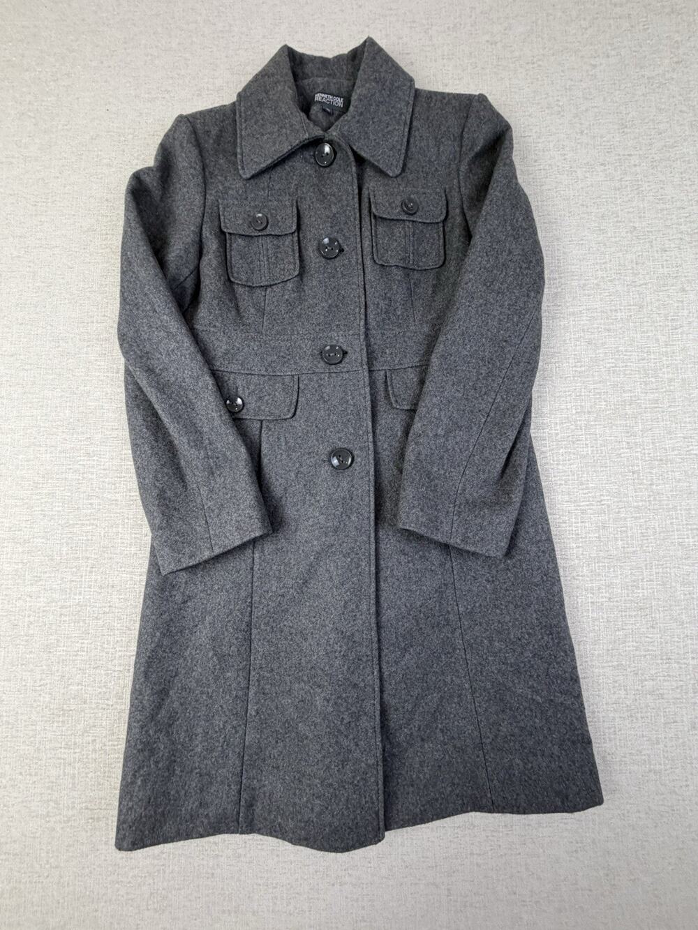 Kenneth Cole Reaction Women’s 10 Gray Wool Blend Military Long Coat Jacket